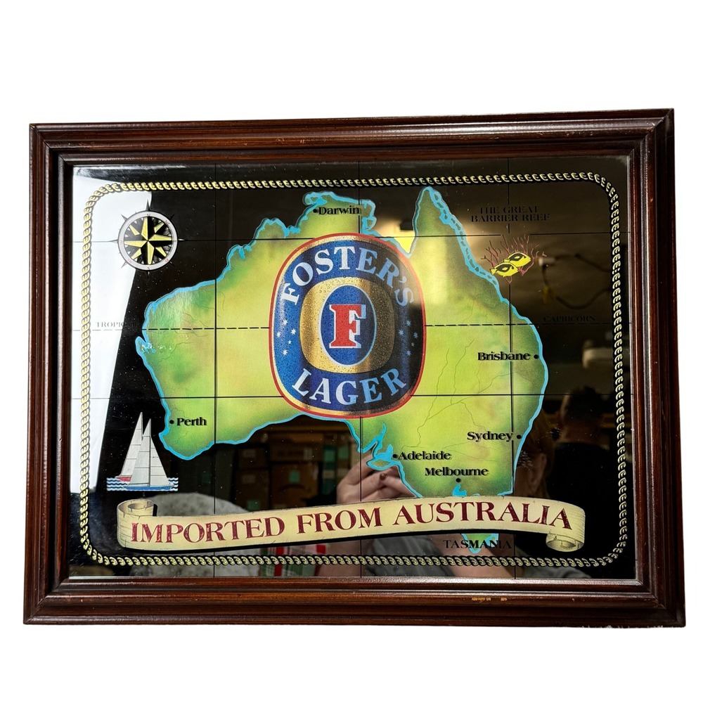 Vintage Foster's Lager Beer Bar Mirror Australia Map Wood Frame 18x14 Breweriana